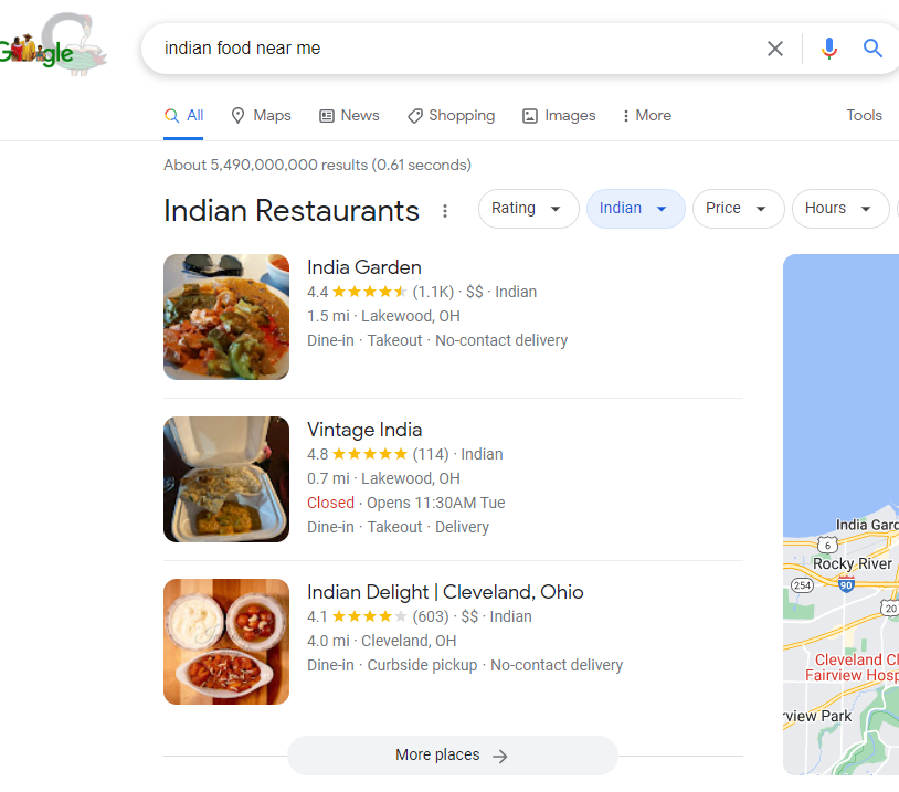 Google Search for "indian food near me" with GMB results showing