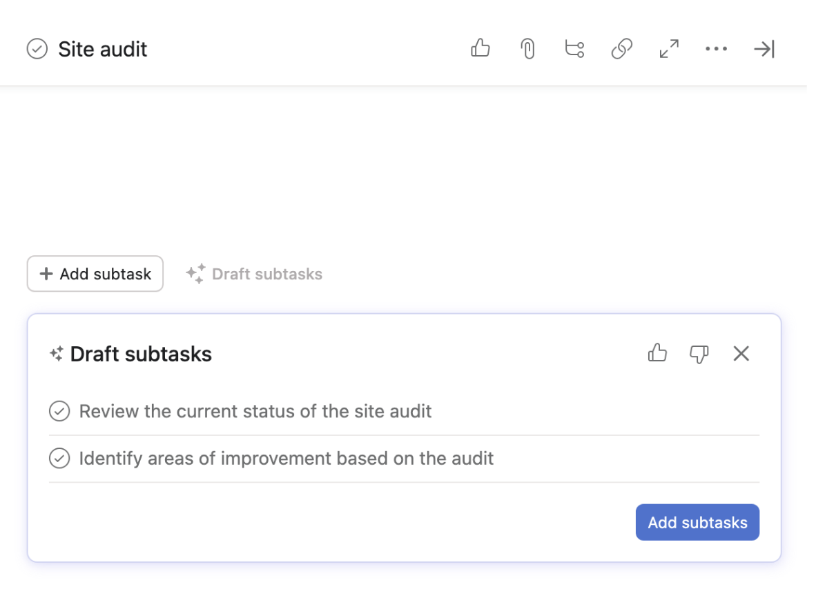 An image from Asana of AI-drafted subtasks.