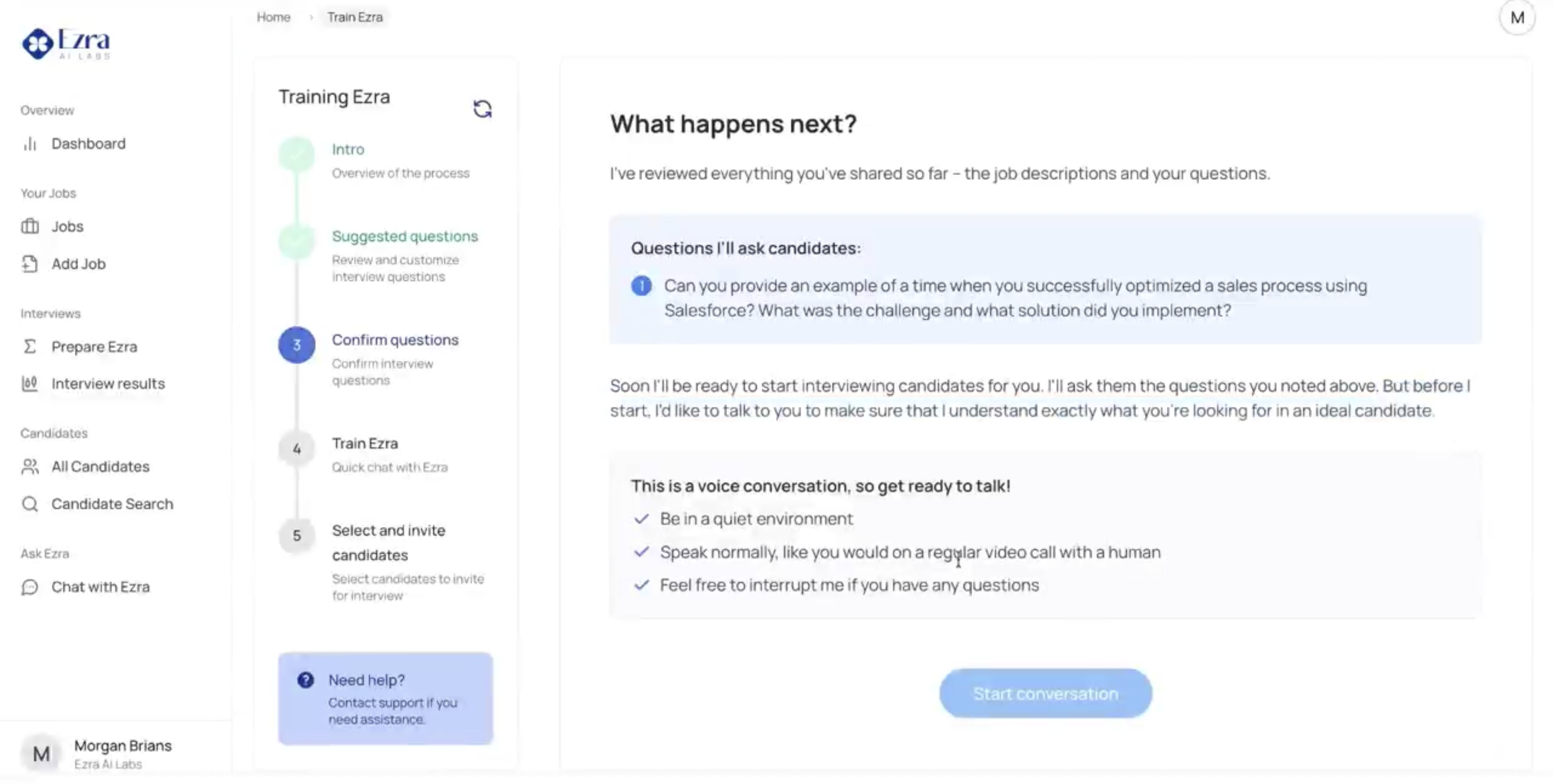 Ezra, our pick for the best AI recruiting software for AI interviews.
