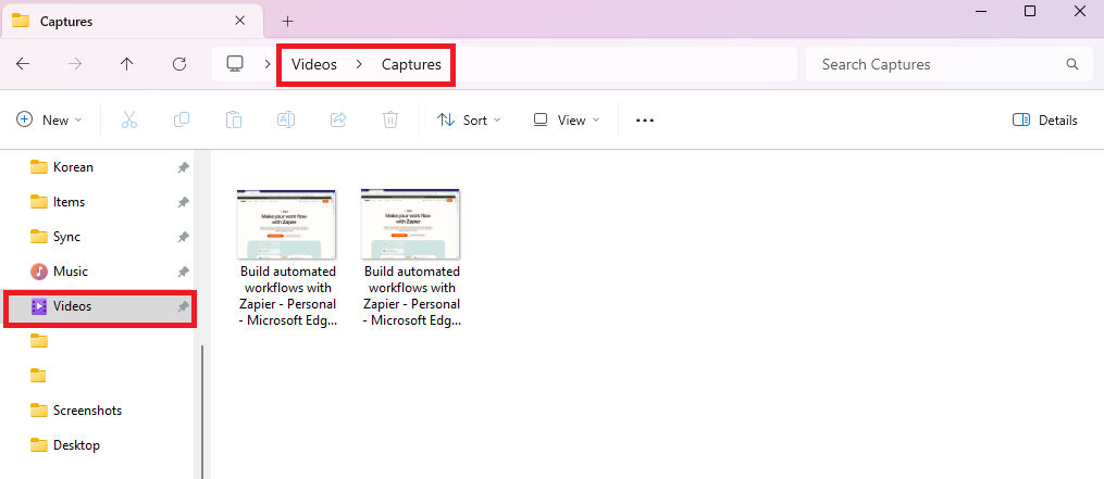Captures folder with thumbnails of screenshots taken.