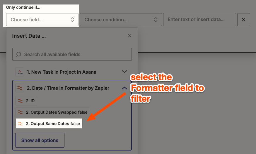 Select a Formatter field to filter.