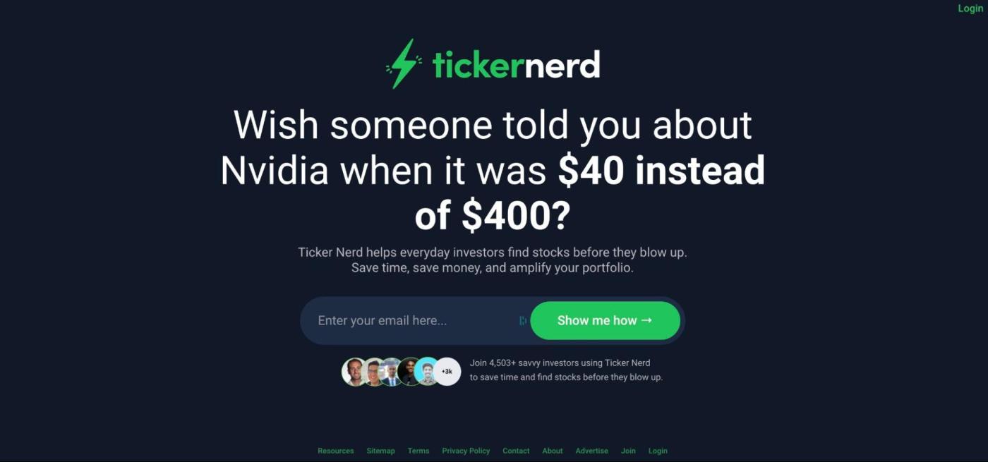 Ticker Nerd homepage converted into a squeeze page