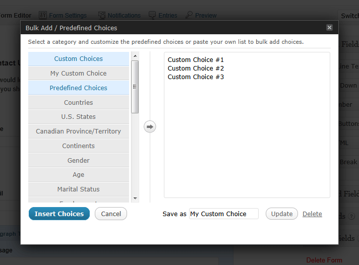 Gravity Forms customized predefined choices