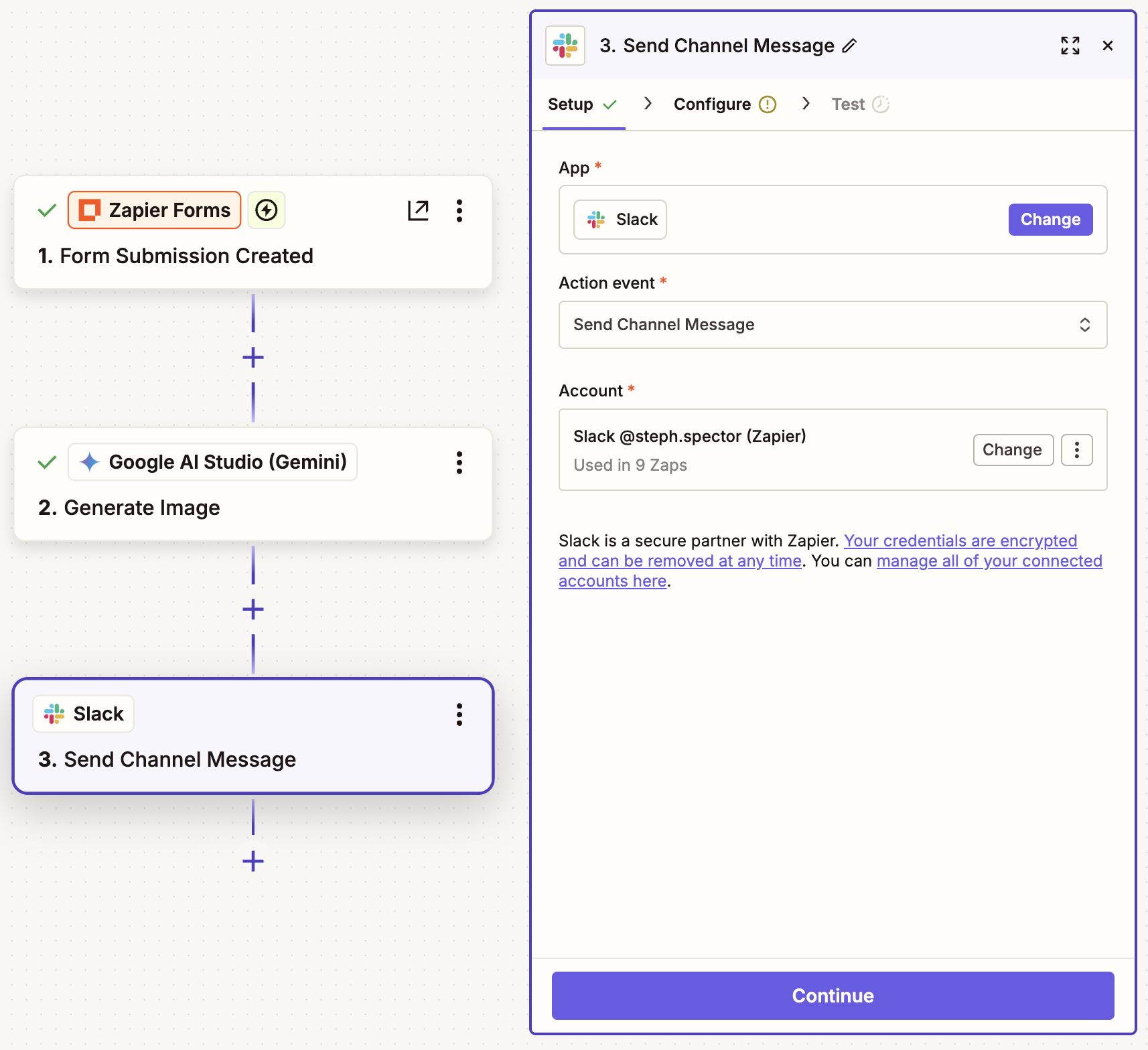 The setup page for a Slack action step