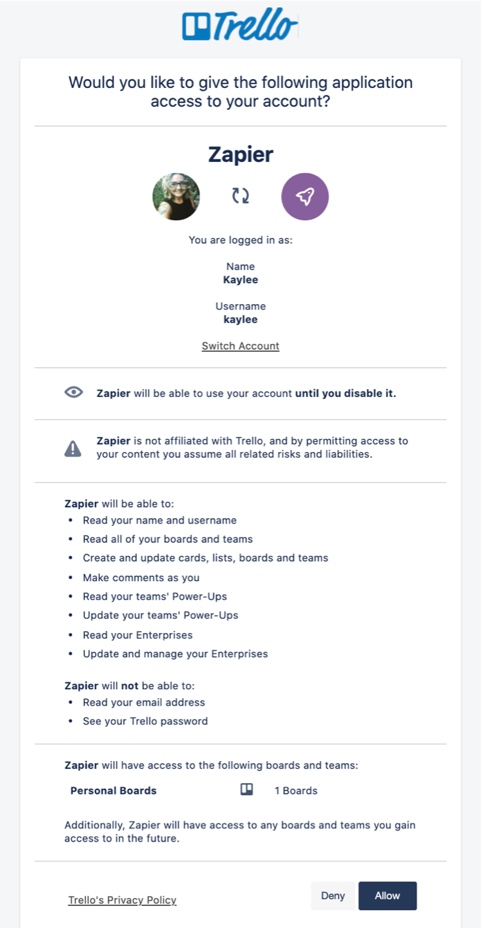 07 trello permissions Trello pop-up: "Would you like to give the following application access to your account? Zapier"