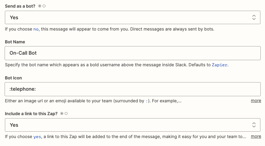 Slack settings to configure in the Zap editor.