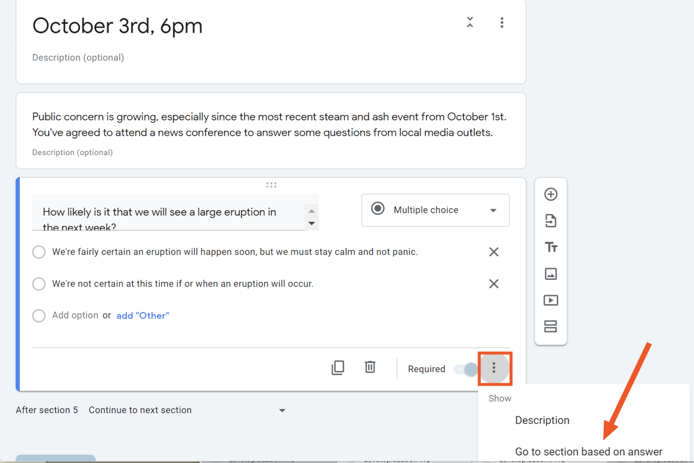 Screenshot of the Go to section feature in Google Forms