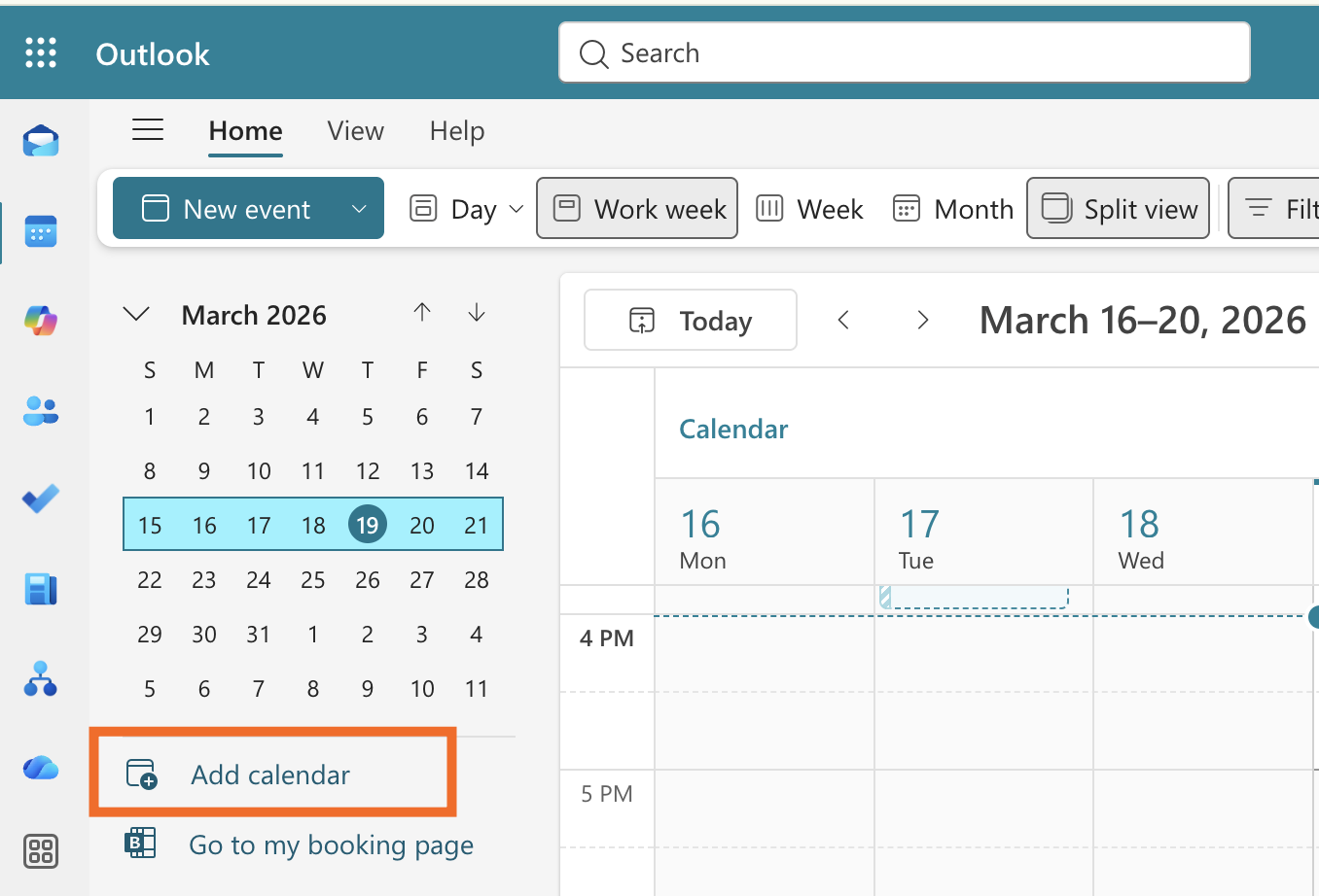 Outlook Calendar with the option to add calendar highlighted.