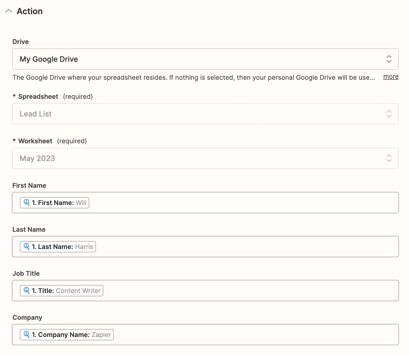 A screenshot of the setup for an action step adding Seamless.AI contacts to Google Sheets.
