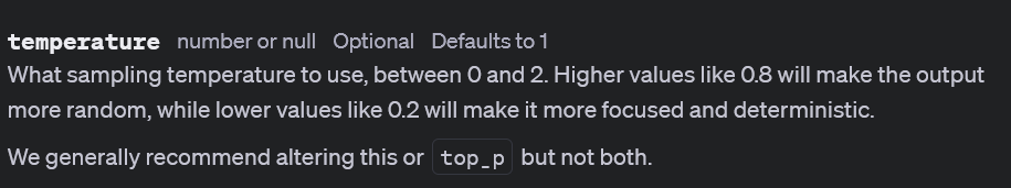 A description of temperature in the OpenAI documentation