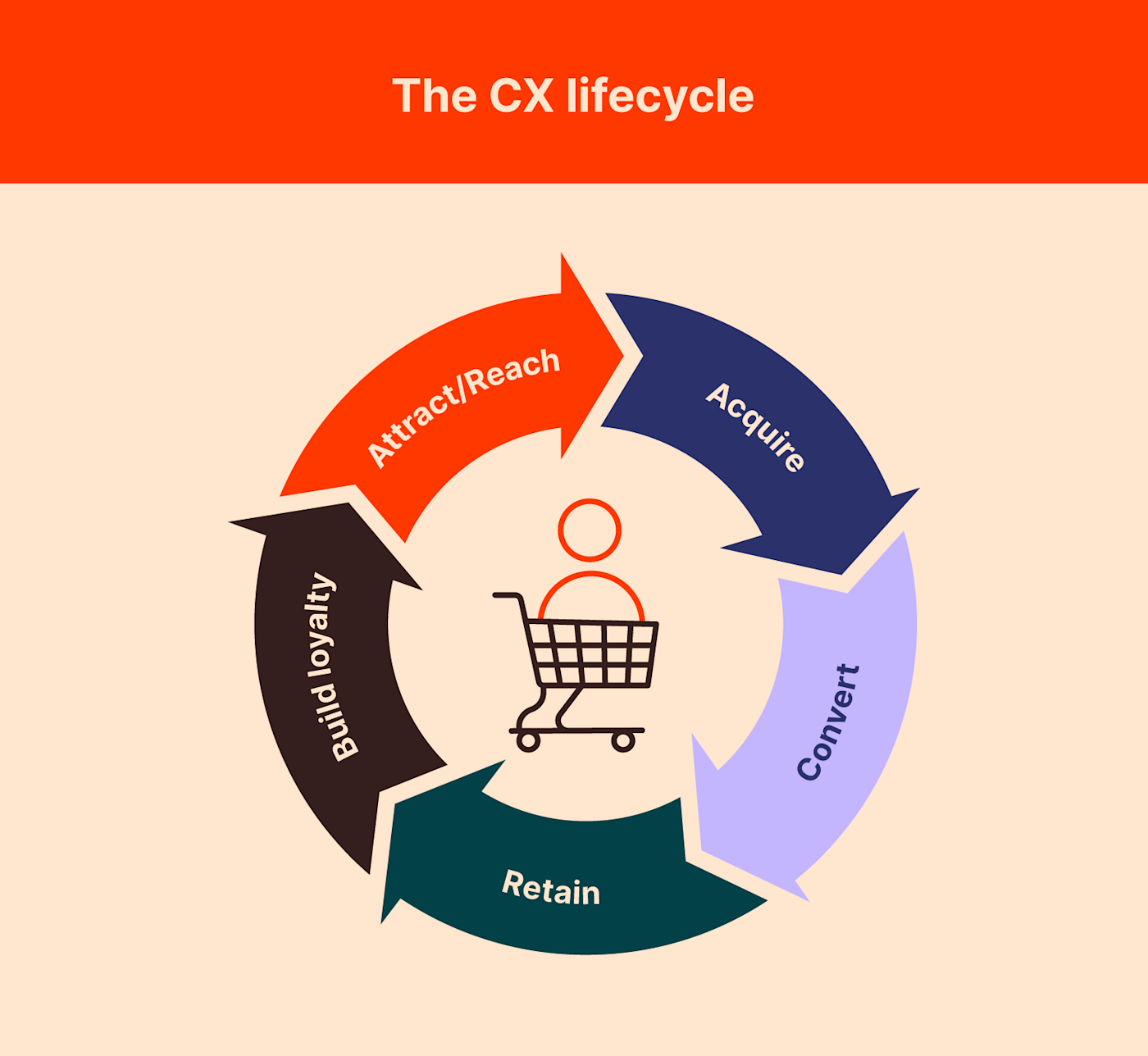 The CX lifecycle: attract/reach, acquire, convert, retain, and build loyalty.