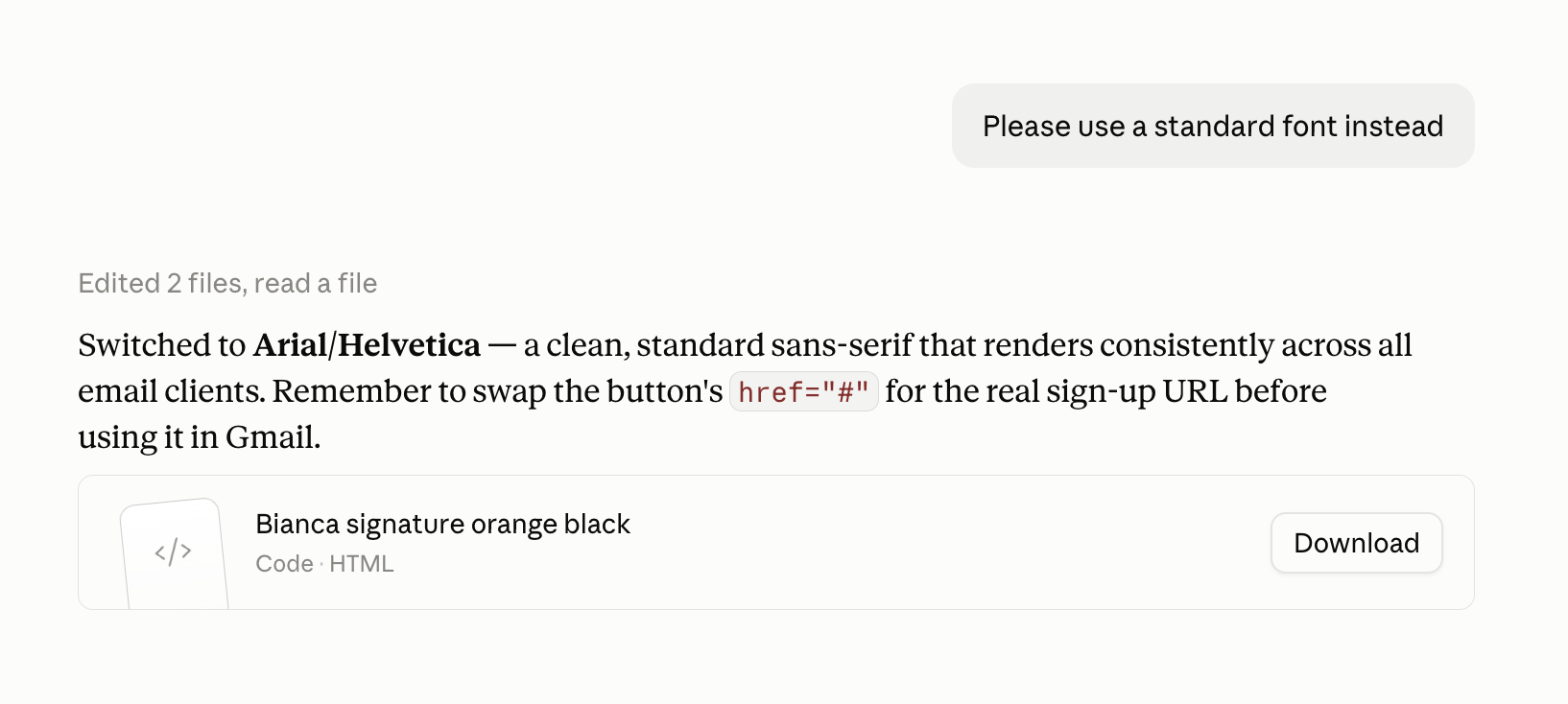 A prompt to Claude to remake an HTML signature in a standard font