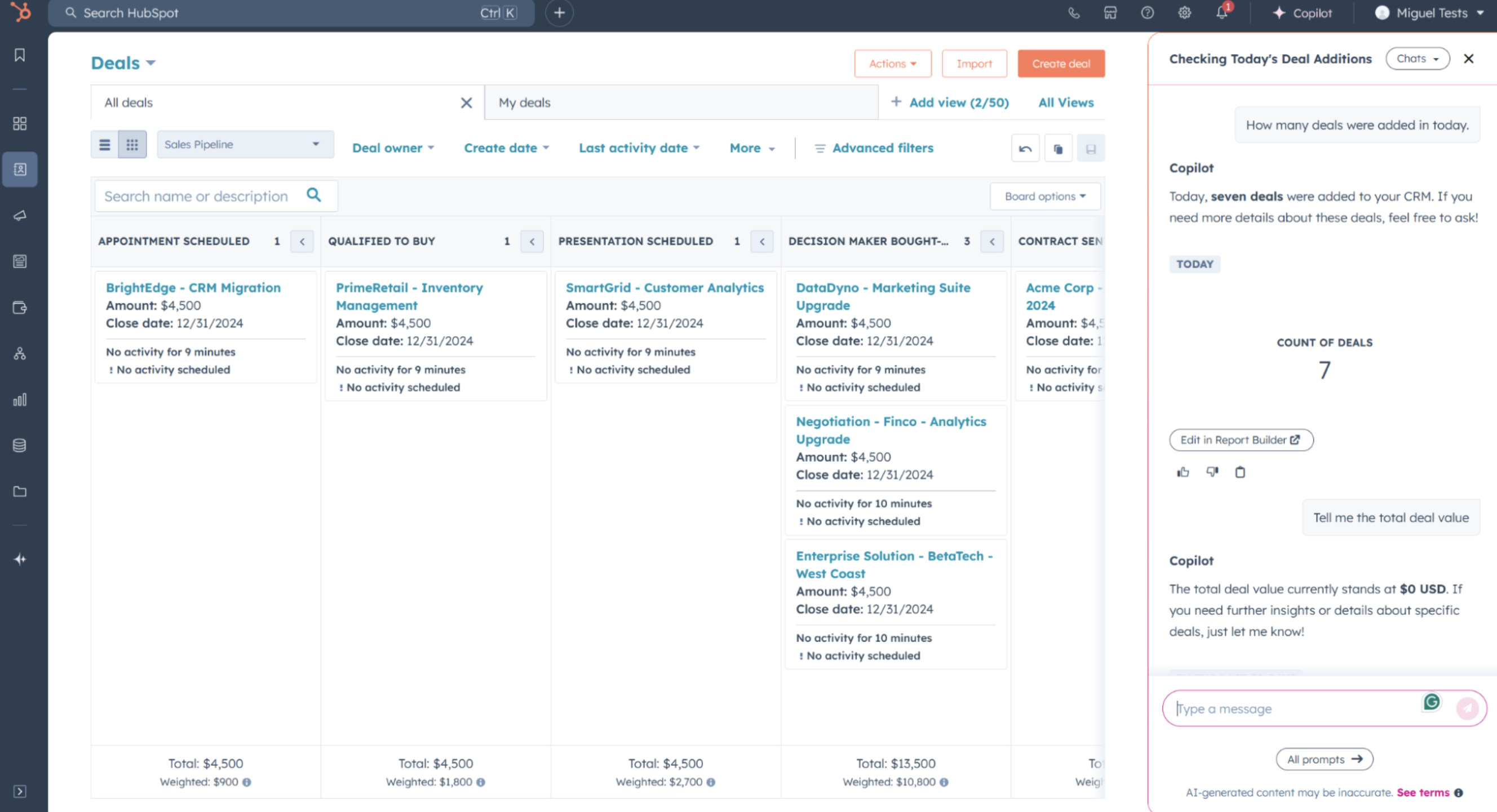 A screenshot of HubSpot, a customer experience software.