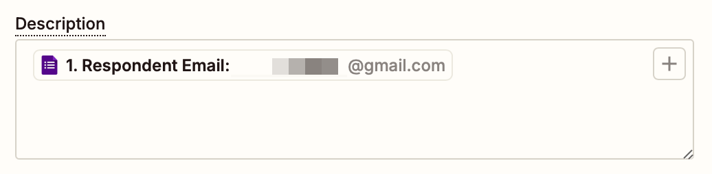A Description field in the Zap editor with an email added from a Google form.
