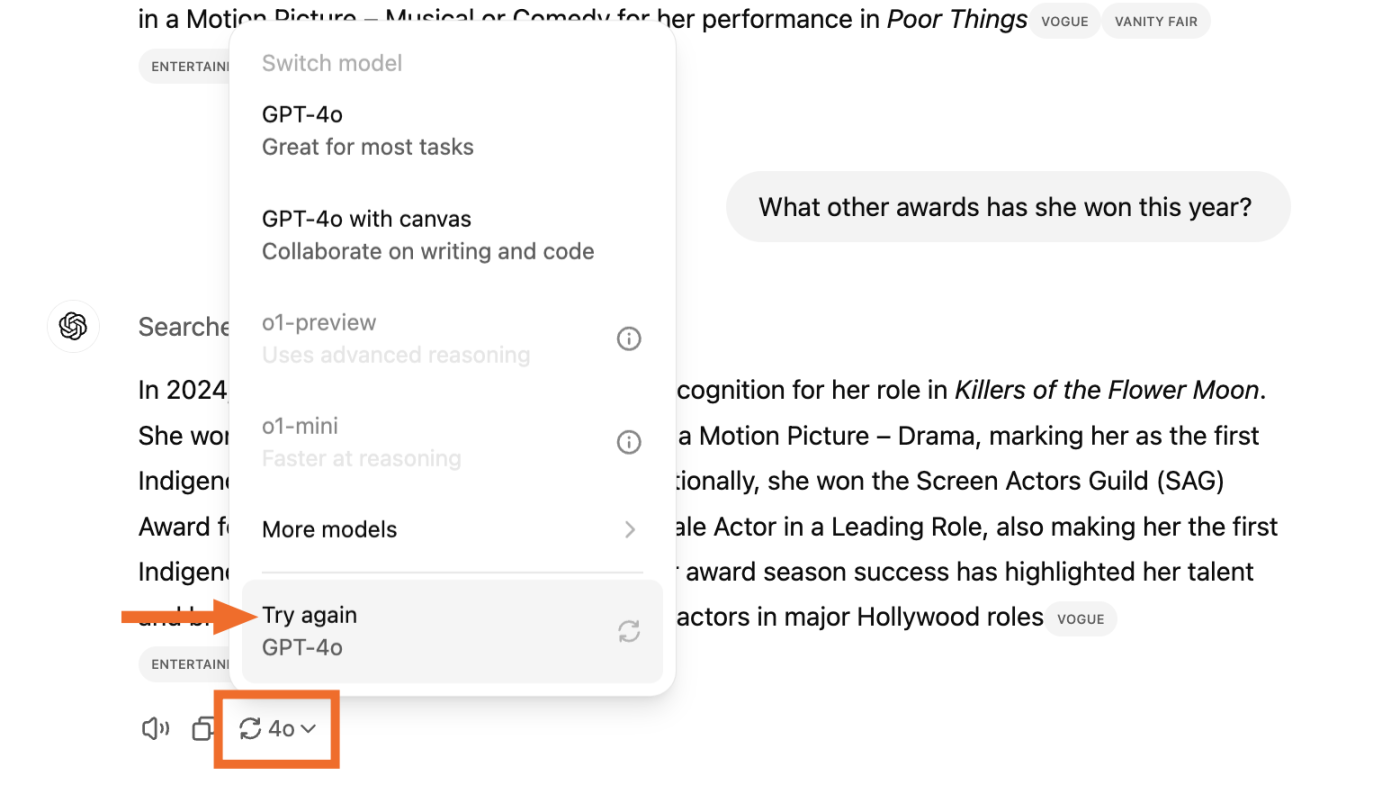 ChatGPT response with an expanded view of the switch model icon. The option to try again is highlighted. 