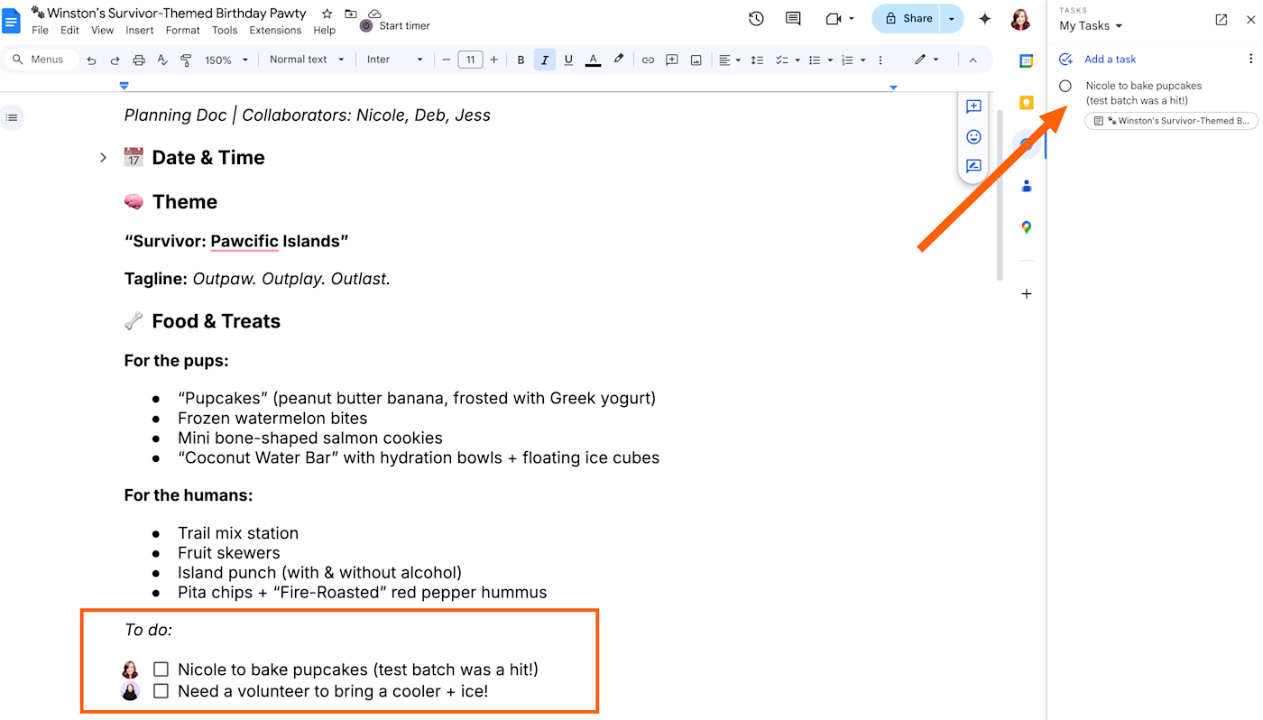 A Google Doc with a checklist of tasks highlighted, and an assigned task in the Google Tasks sidebar.