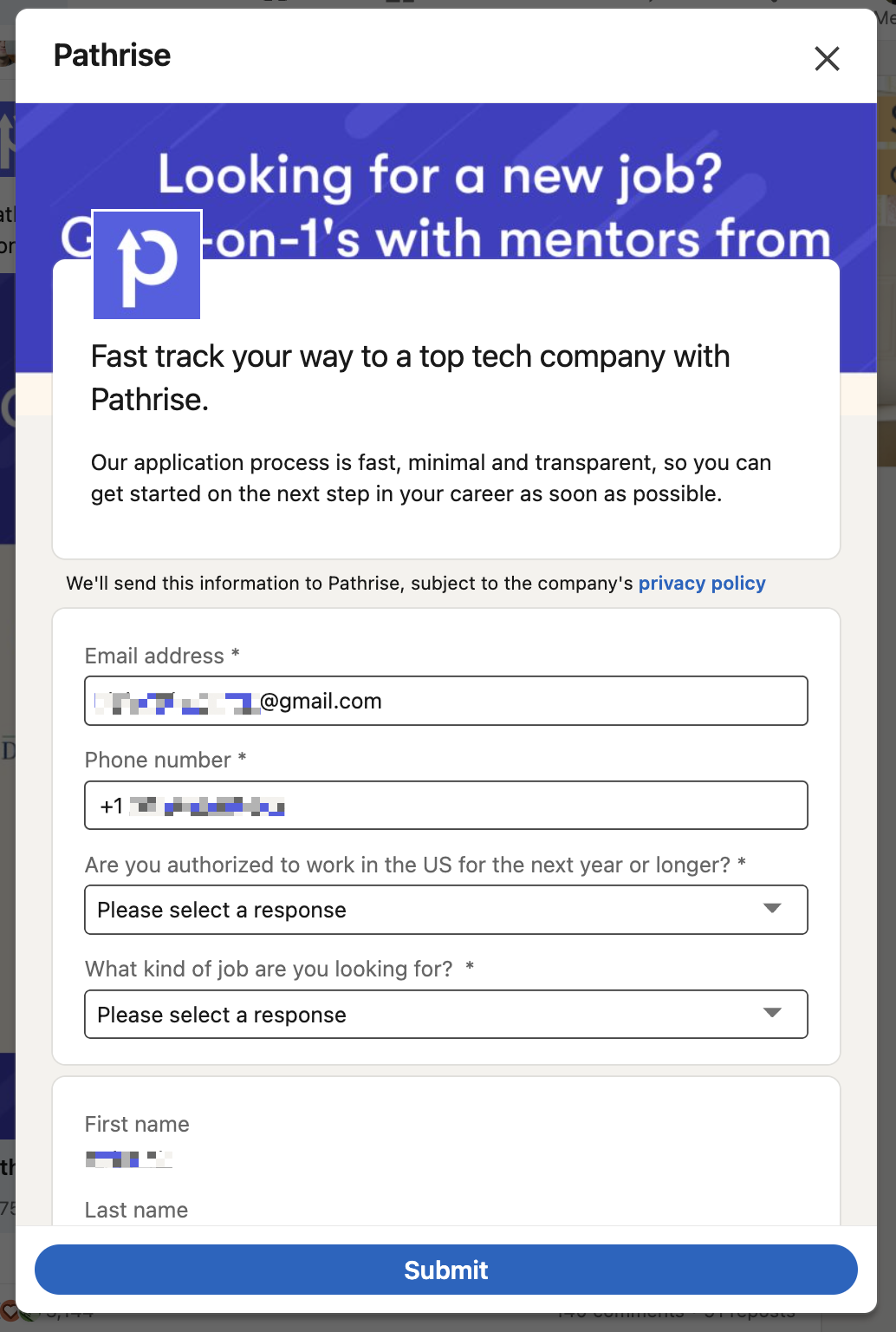 The Pathrise sign up form