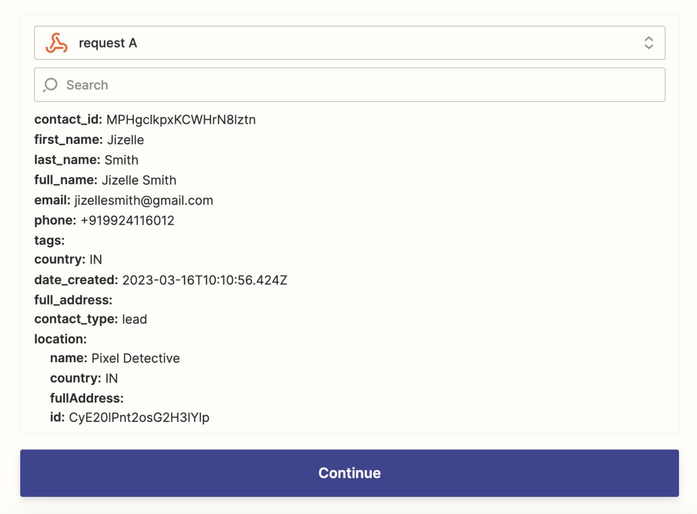 A successful test shows contact info pulled in from the webhook.