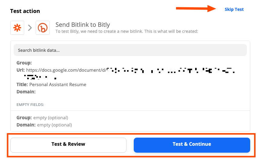 The test action step in Zapier. A red box highlights the test buttons. A red arrow points to the skip test option.