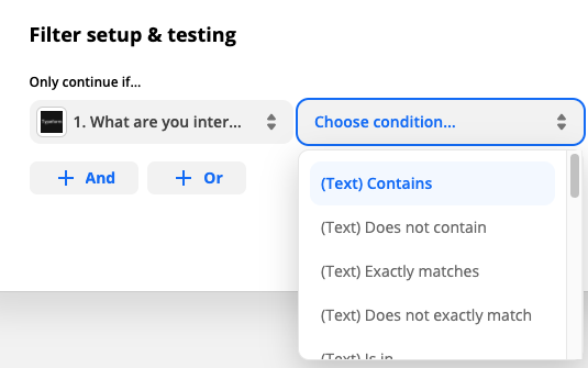 A dropdown menu of filter conditions in the Zap editor.