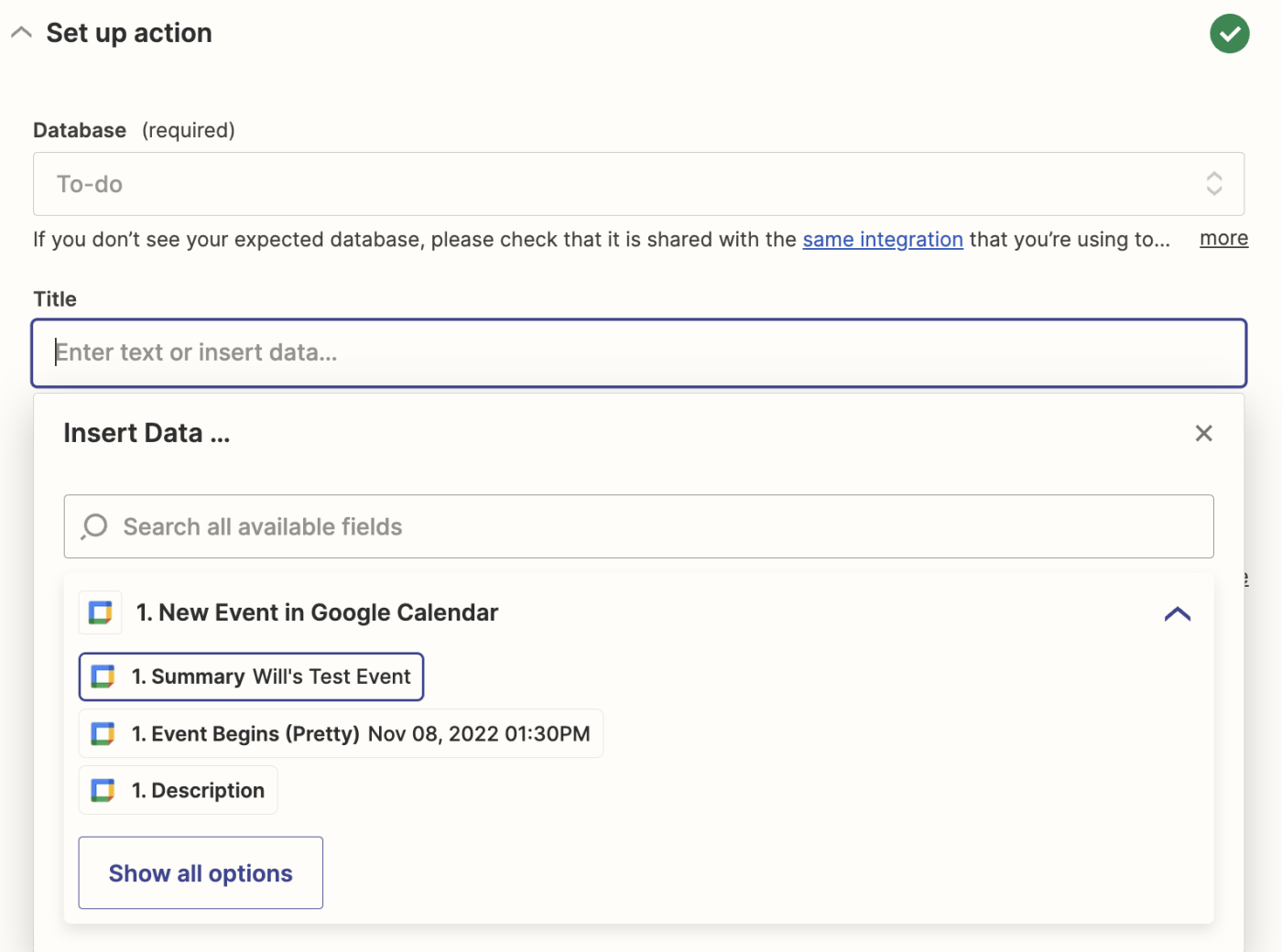 A list of data points from Google Calendar is shown in a dropdown under "Insert Data".