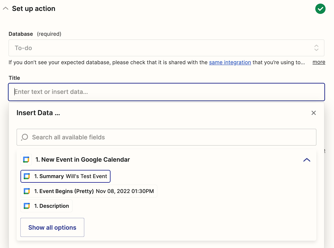 A list of data points from Google Calendar is shown in a dropdown under "Insert Data".