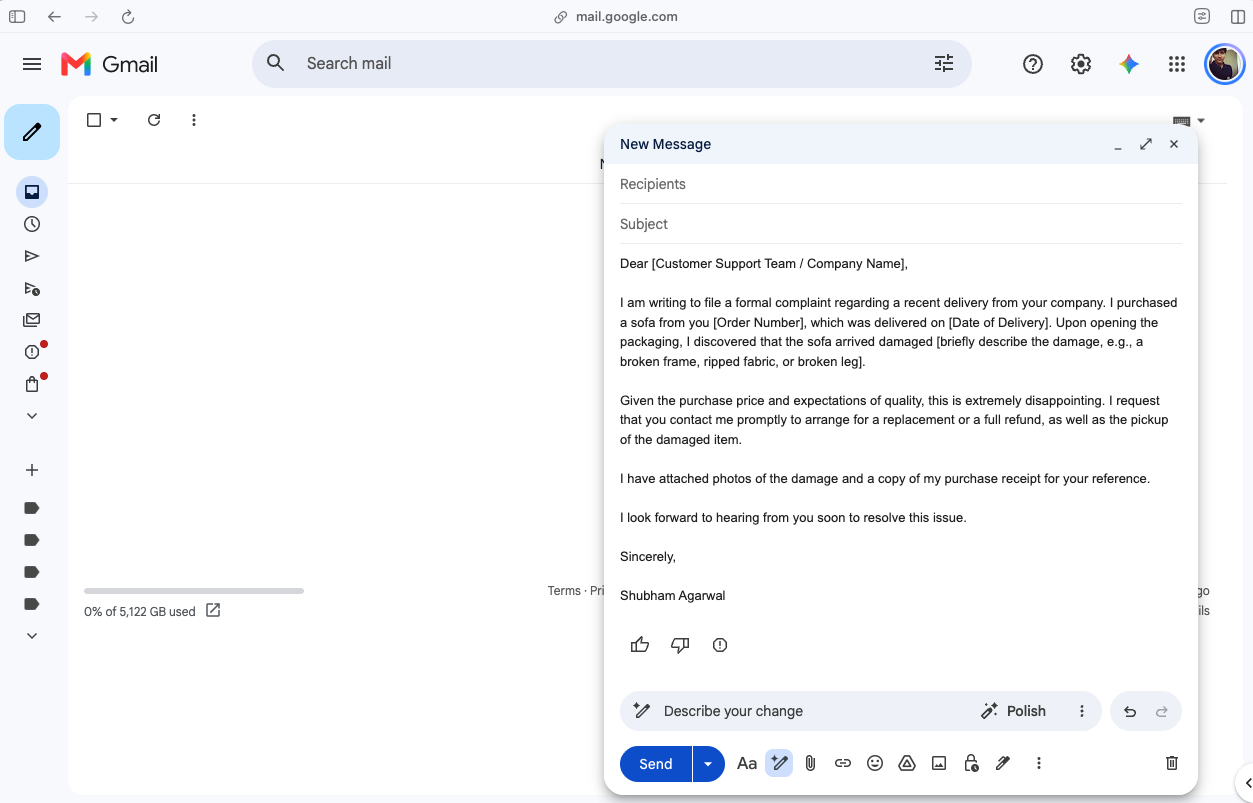 Gmail web app drafting an email with Gemini