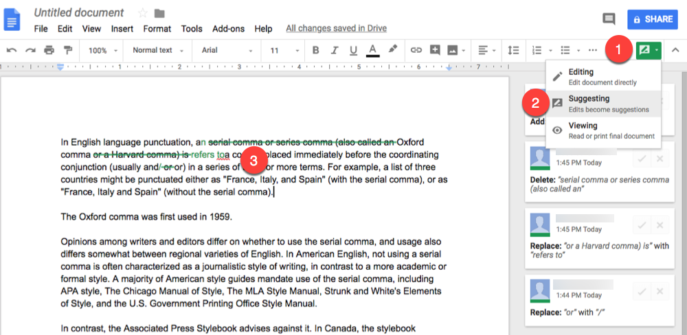 Google Docs suggesting mode