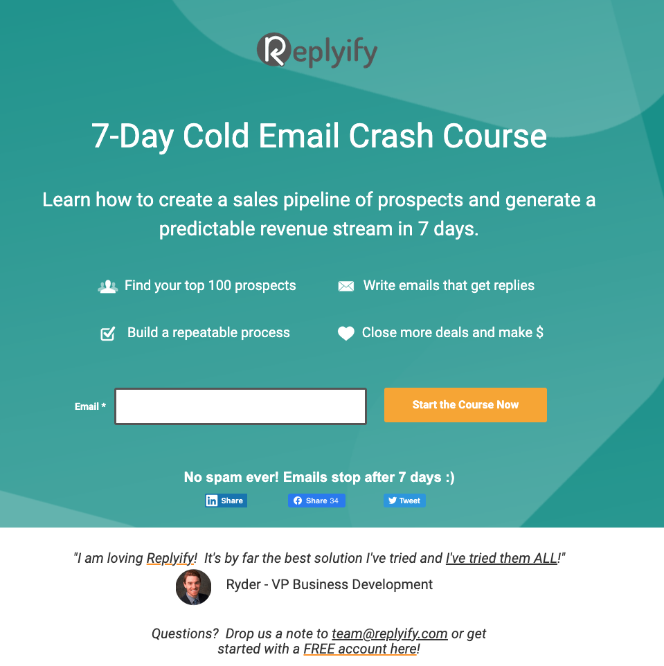 A screenshot of a landing page from Replyify called "7-Day Cold Email Crash Course." In includes statements about what students will learn in the course, an email field to enroll, and a testimonial.