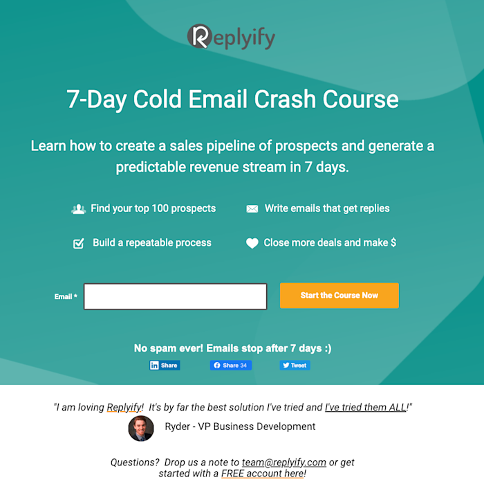 A screenshot of a landing page from Replyify called "7-Day Cold Email Crash Course." In includes statements about what students will learn in the course, an email field to enroll, and a testimonial.