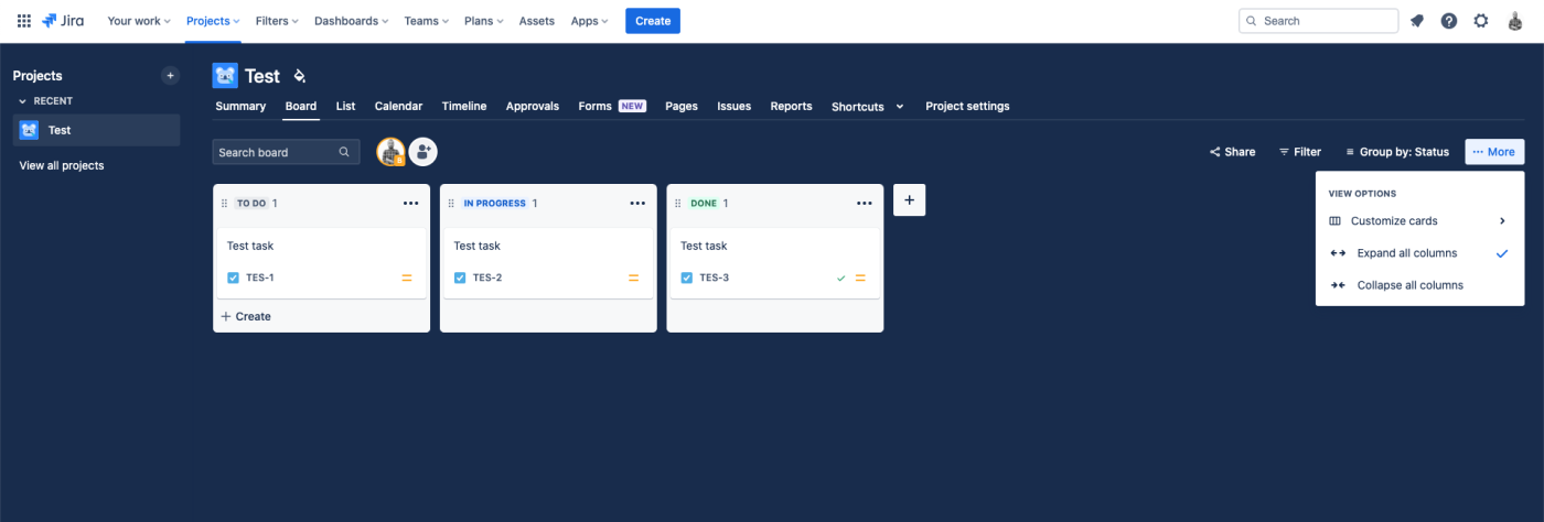 Screenshot of Jira's task dashboard showing boards for to-do tasks, in progress tasks, and completed tasks on a navy blue background