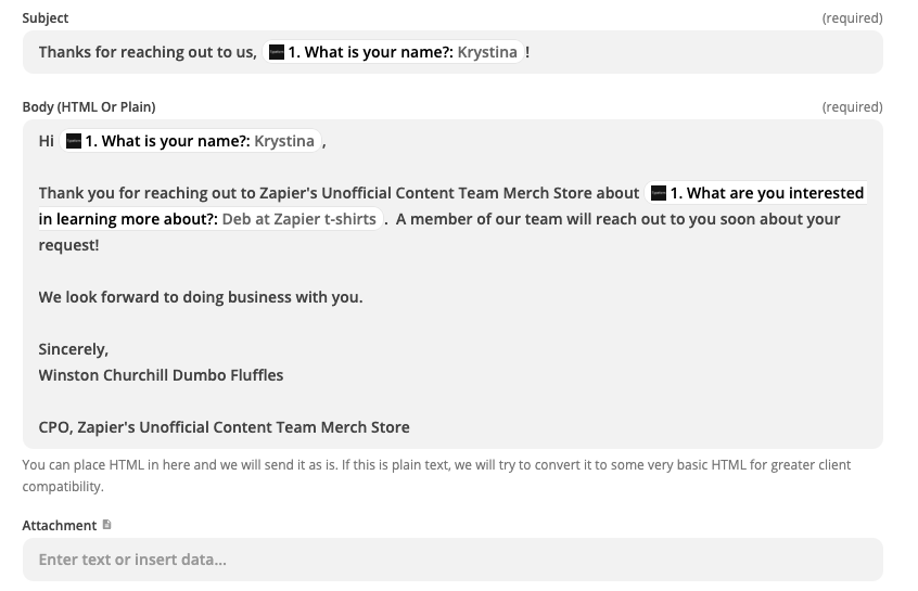 An email message written out in the Zap editor. The message includes static text and dynamic inputs from Typeform. 