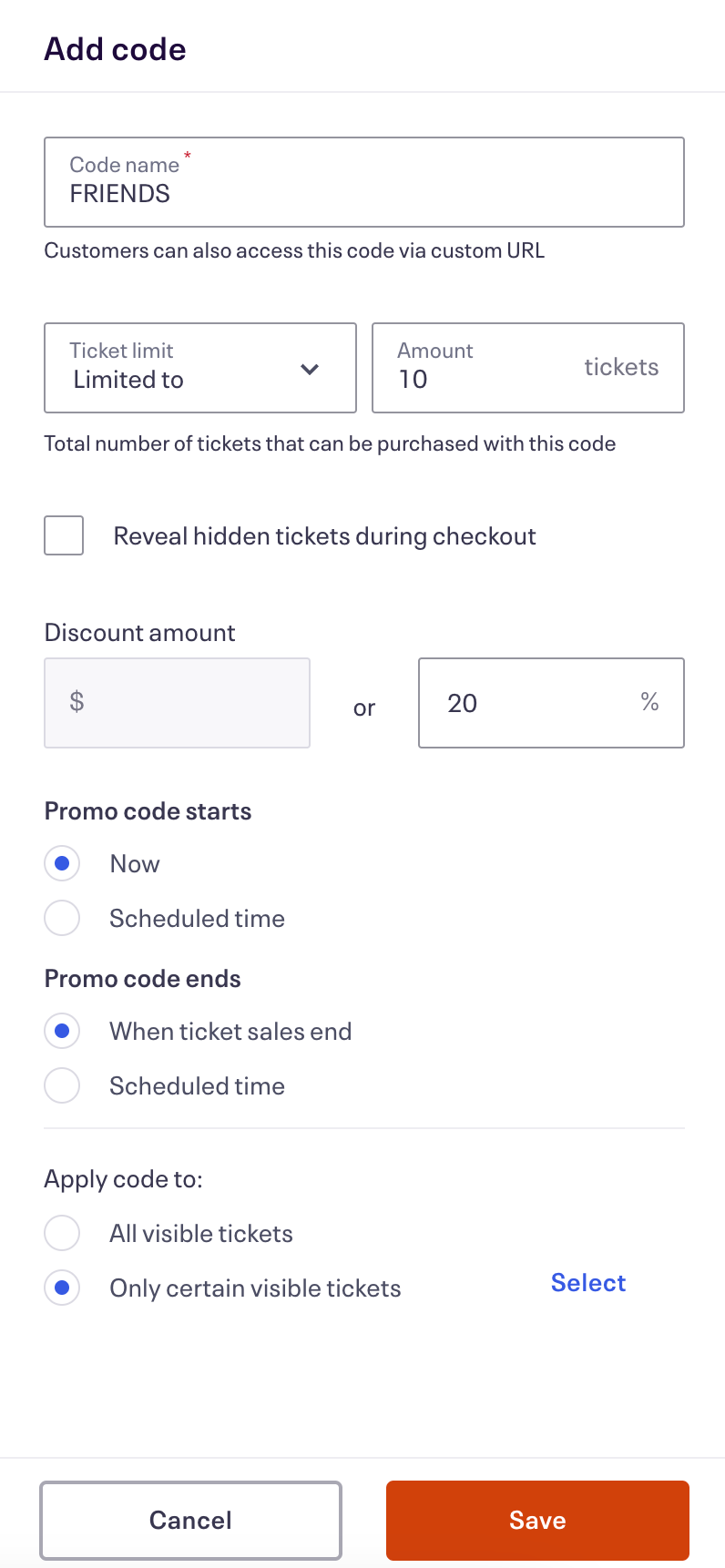 Adding the discount code to Eventbrite