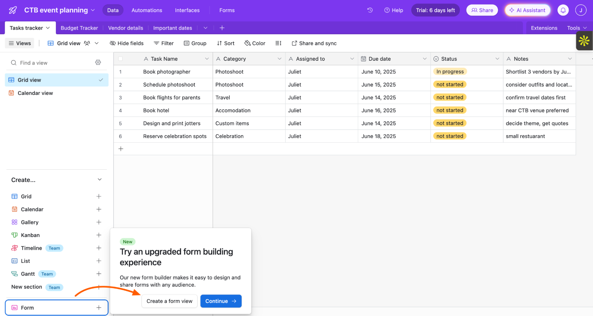 Creating a form view of an Airtable base. 