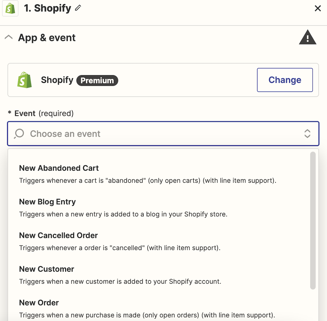Screenshot of Shopify action in Zap editor