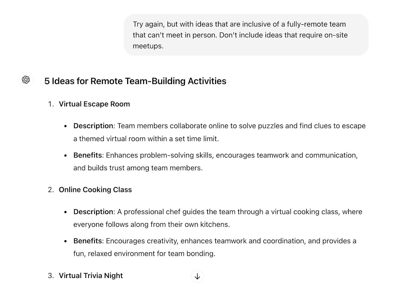 Conversation with ChatGPT showing a list of remote team-building activity ideas.