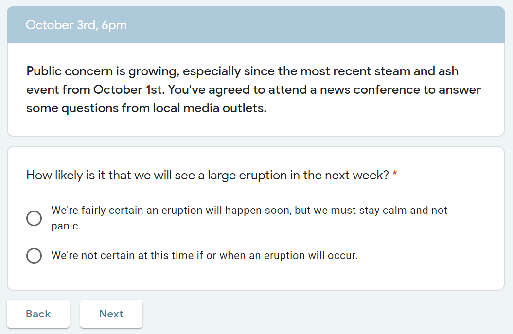 Screenshot of a question that students have to answer pretending that they
