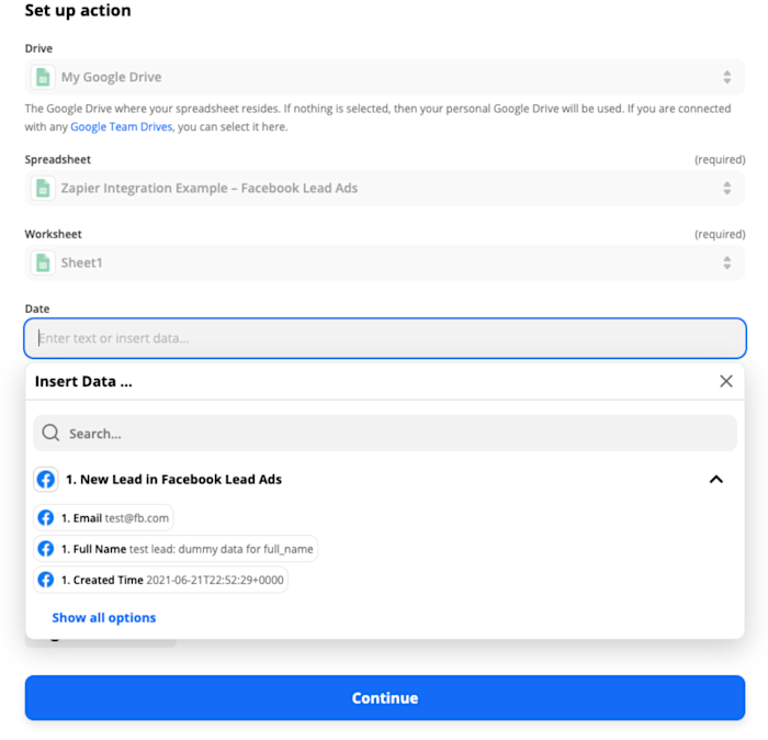 facebook-lead-ads-to-google-sheets-06-action-event-setup Setting up the action step in Zapier. The screenshot shows the drive, spreadsheet, worksheet selected and a field for "date." A dropdown menu shows information from your lead ads to insert into the sheet.
