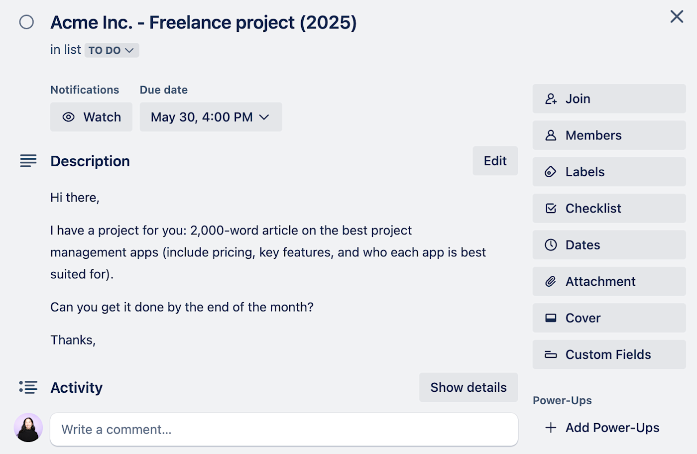 Trello card populated with details from a Gmail email. 