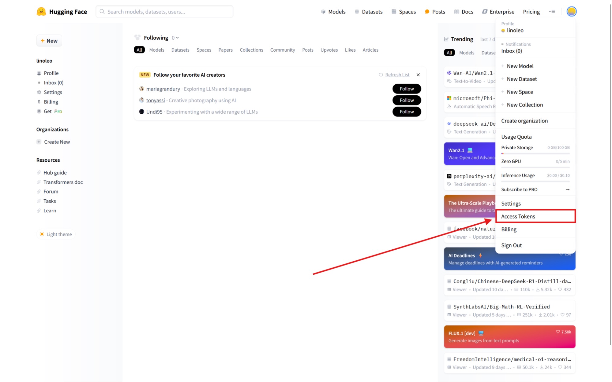 The Access Tokens option in the dropdown