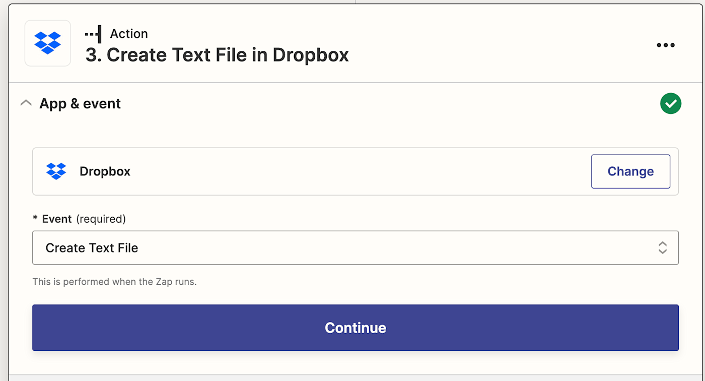 Screenshot of Dropbox action in the Zap editor