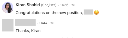 A LinkedIn message from Kiran congratulating someone on a new position
