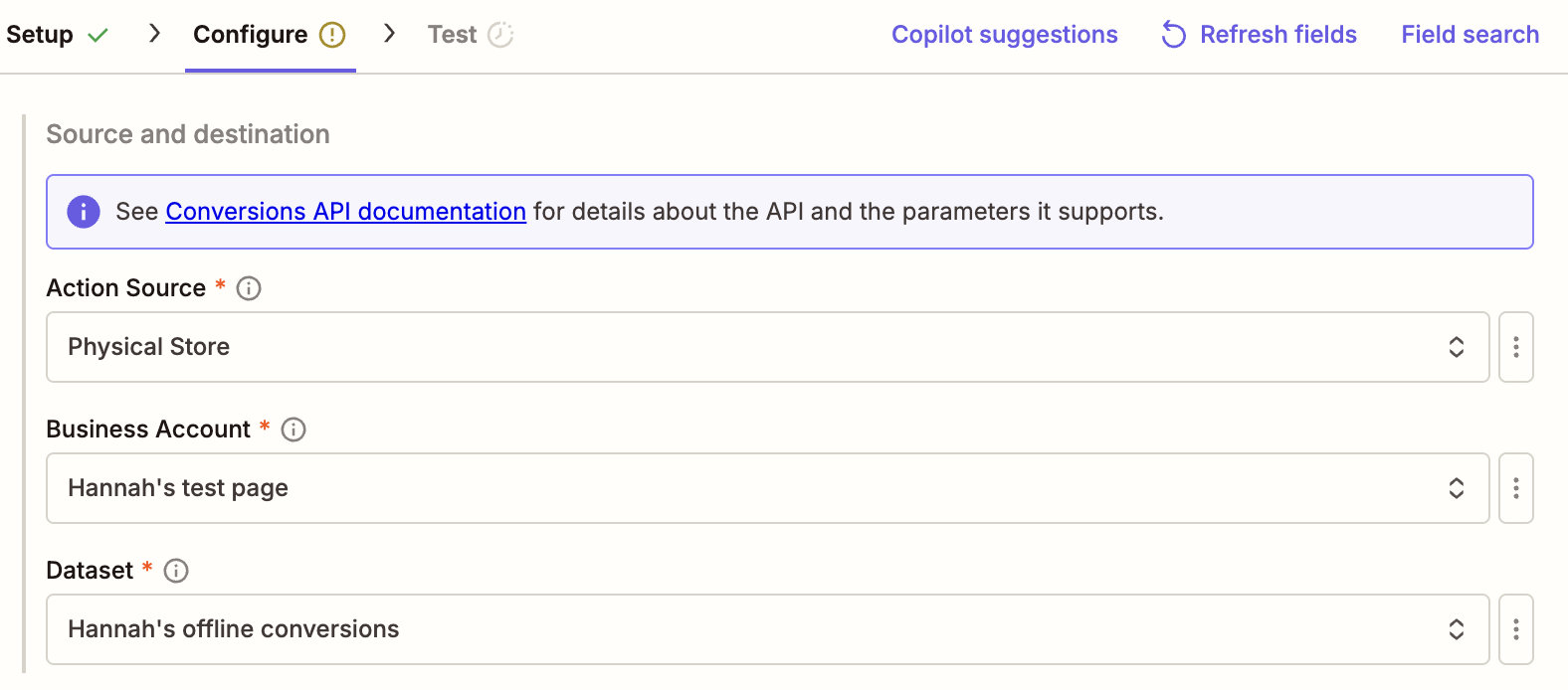 The configuration page for a Facebook Conversions action step