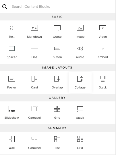 Available content blocks in Squarespace