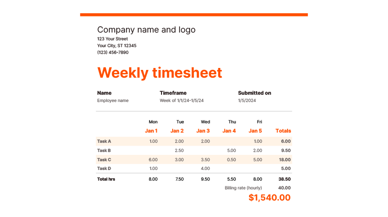 Screenshot of Zapier's weekly timesheet template showing how to track time for tasks in one week