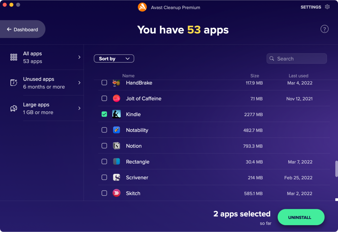 A screenshot of the Uninstall apps section of Avast, which helps you manage storage and apps on Mac