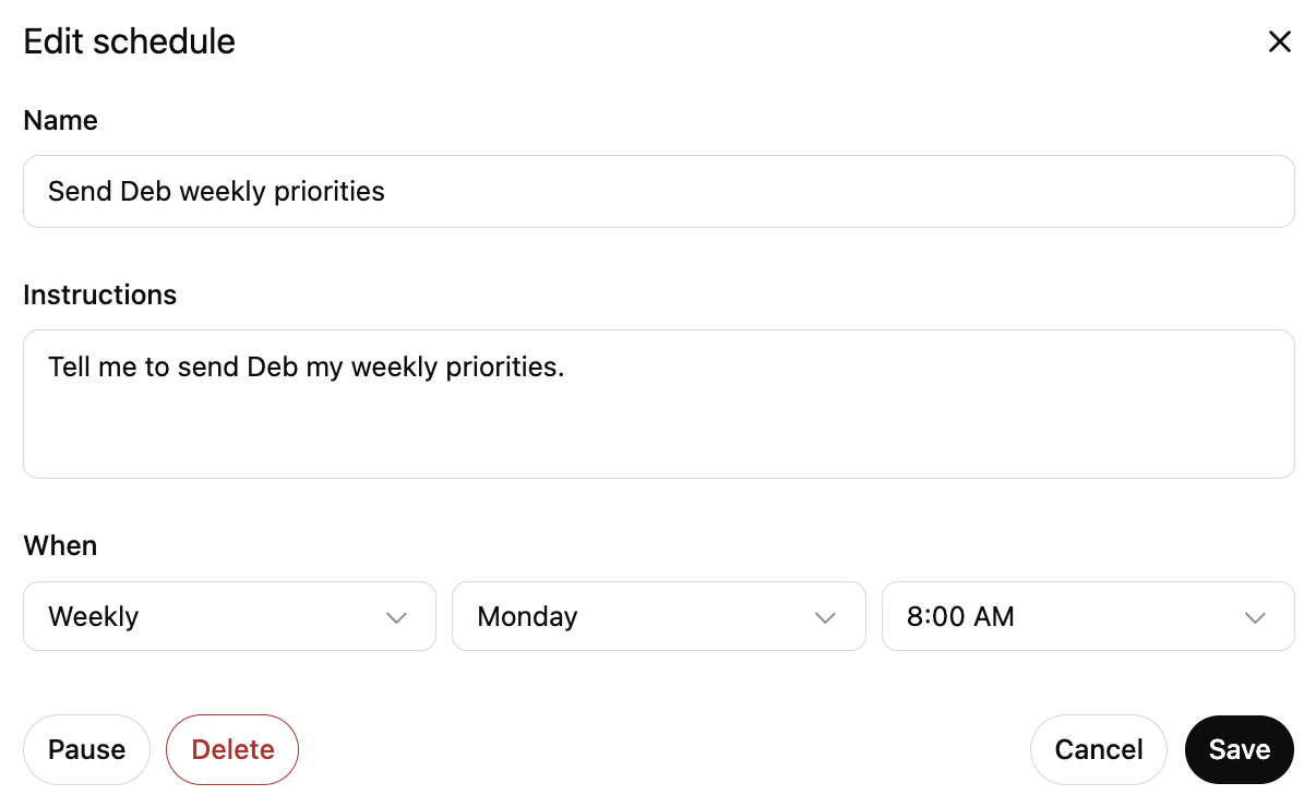 Scheduled task editor in ChatGPT. 