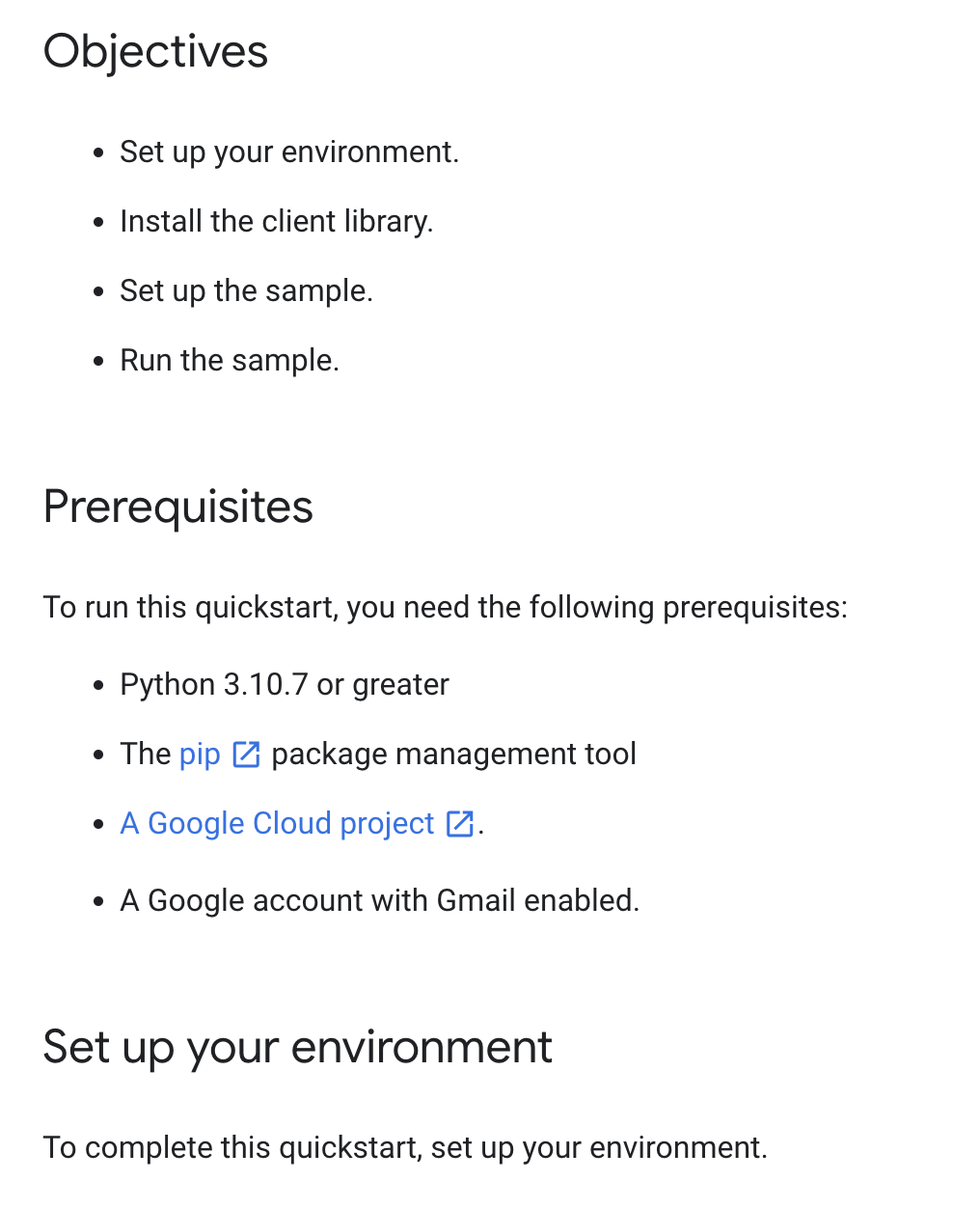 Screenshot showing the Gmail API's documentation.