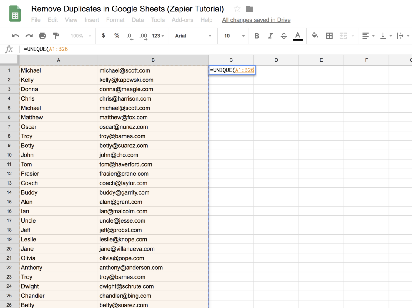 Highlighting two columns to fill the formula