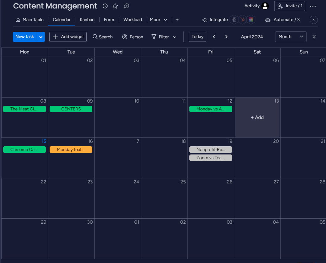 Calendar view of tasks in monday.com.